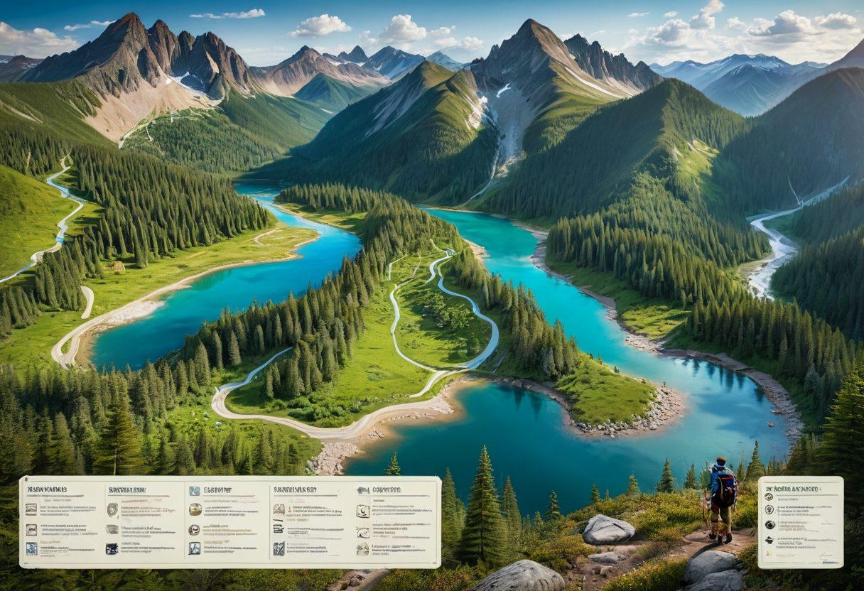 A picturesque landscape featuring winding hiking trails that lead through lush forests, over serene mountains, and alongside crystalline rivers. People with backpacks and hiking gear traverse the paths, capturing the essence of outdoor adventure. Include a detailed trail map overlay with prominent markers and labels. super-realistic. vibrant colors. panoramic view.
