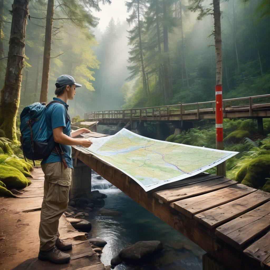 A rugged, expert hiker standing on a dense forest trail, flanked by tall, ancient trees. They're equipped with state-of-the-art gear, studying a detailed map with pinpointed service stations. Nearby, a serene mountain stream flows under a rustic wooden bridge, suggesting easy access to nature's beauty. misty atmosphere. super-realistic. vibrant colors.